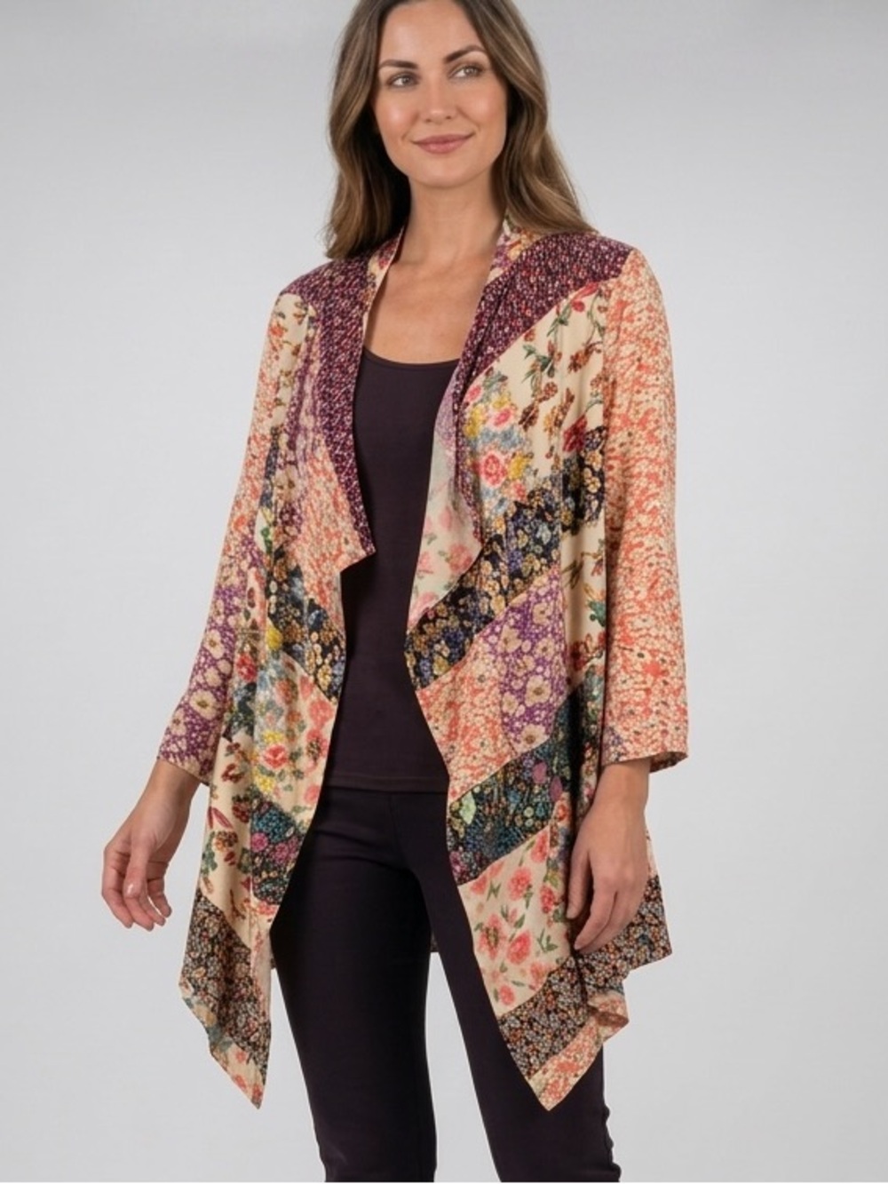 “The Susan” Latte Floral Patchwork kimono with Pockets